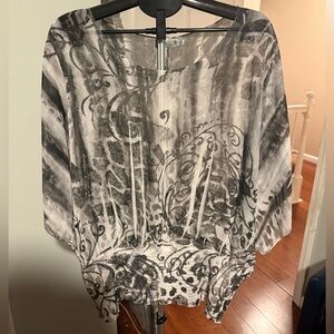 Y2K boho chic batwing tunic top paisley burnout grey patterned 1X